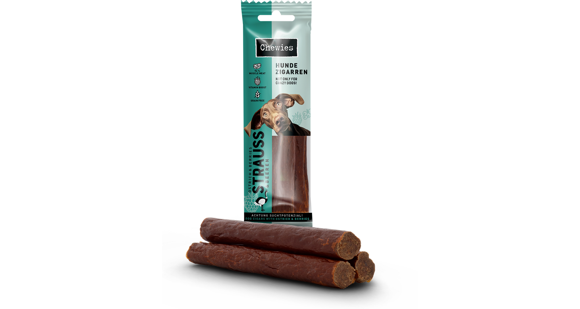 CHEWIES Hundezigarren Pštrosie salámky s malinami a ríbezľami 75 g